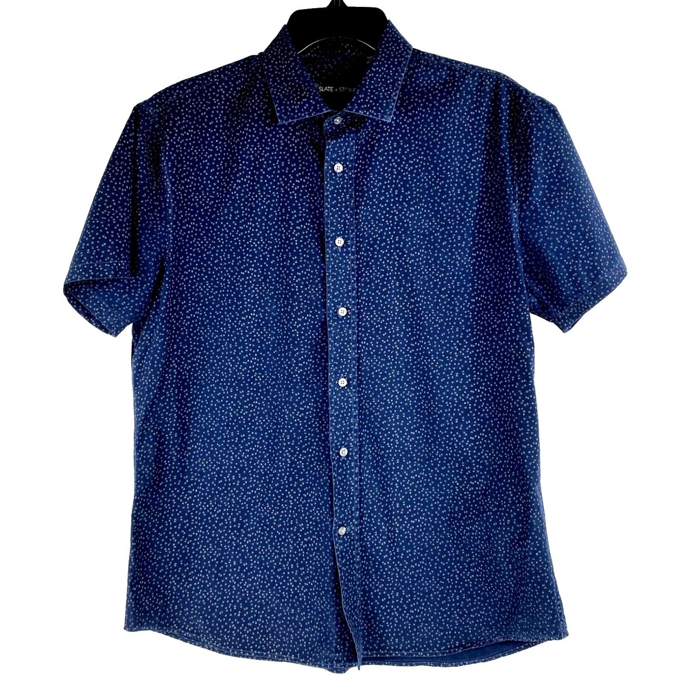 Slate & Stone Short Sleeve Shirt Mens L Easy Care Blue Preppy Casual Office LKNU
